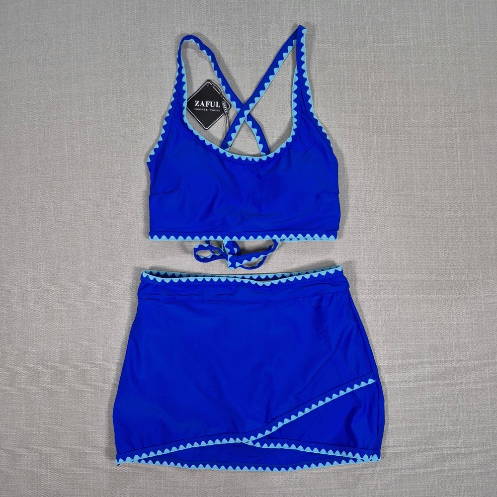 Zaful‎ Bikini Set with Wrap Skort Swimsuit with Skirt Blue Ric Rac Trim Size S